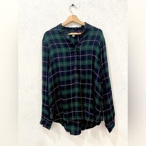 Crown & Ivy Blue & Green Plaid Long Sleeve Top Ruffle Collar Modal Viscose XL